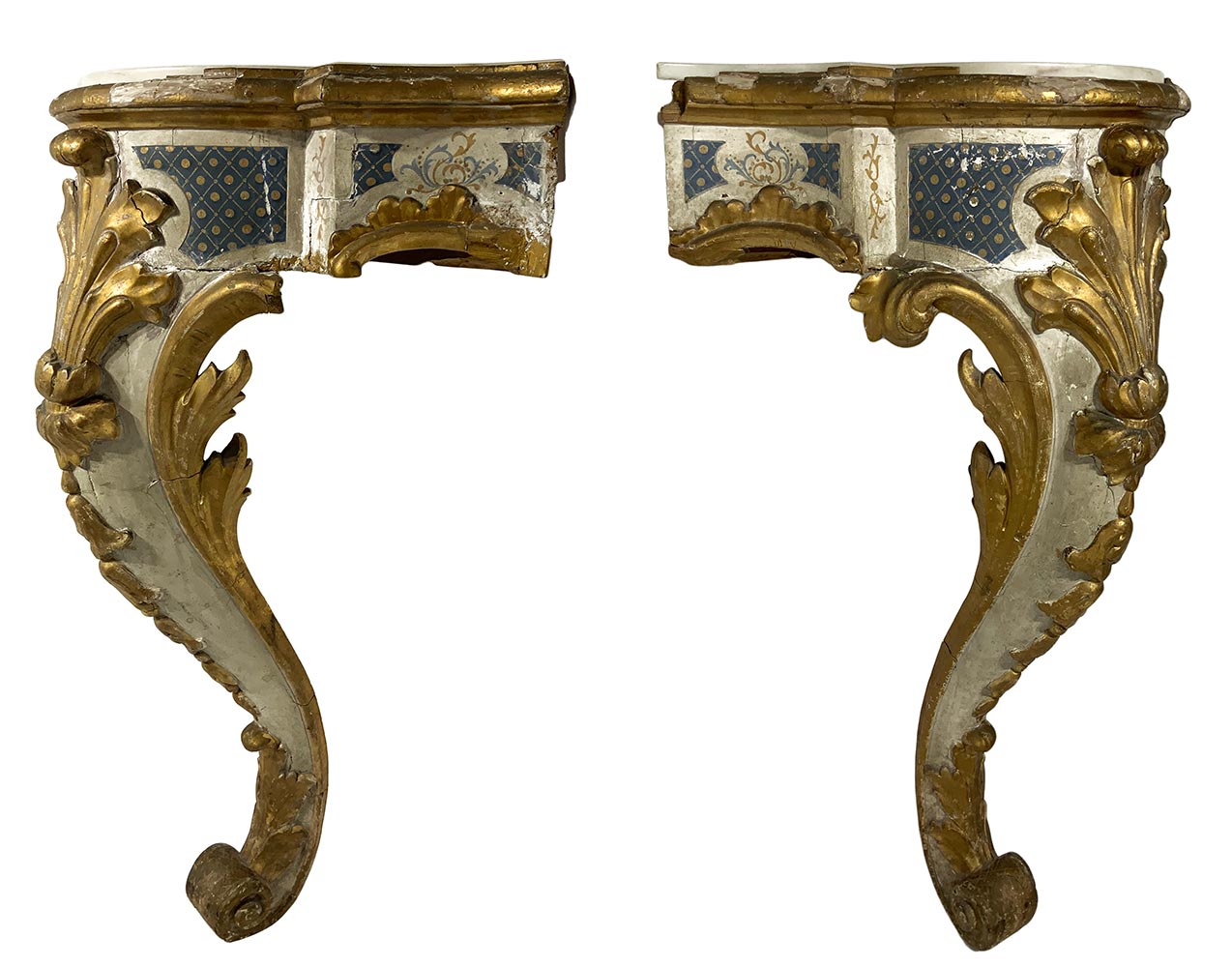 Pair of lacquered and gilded wood console, late XVIII/early 19th century, Sicily. White marble on - Image 3 of 8