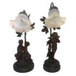 Pair of lamps with antimony putti and tulip glass support, 20th century. H cm49.