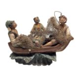 Sculptural group in polychrome terracotta of three fishermen in a boat 70. Signed Boria