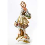 Capodimonte porcelain statuette, Naples, XX Century. Woman with flowers basket. H Cm 20. Small