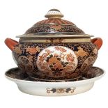 Chinese porcelain tureen with platter, black with orange decoration. Early twentieth century. H cm