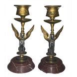 Pair of candle holders, single hole, Empire, with bronze sphinxes, nineteenth century. H 16 cm,