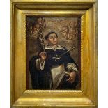 Oil paint on canvas depicting St. Aloysius Gonzaga with palms and dagger accompanied by angels,