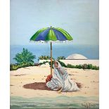 Naif painting, oil paint on canvas depicting Arab woman on the beach, Drago Angelo (Catania