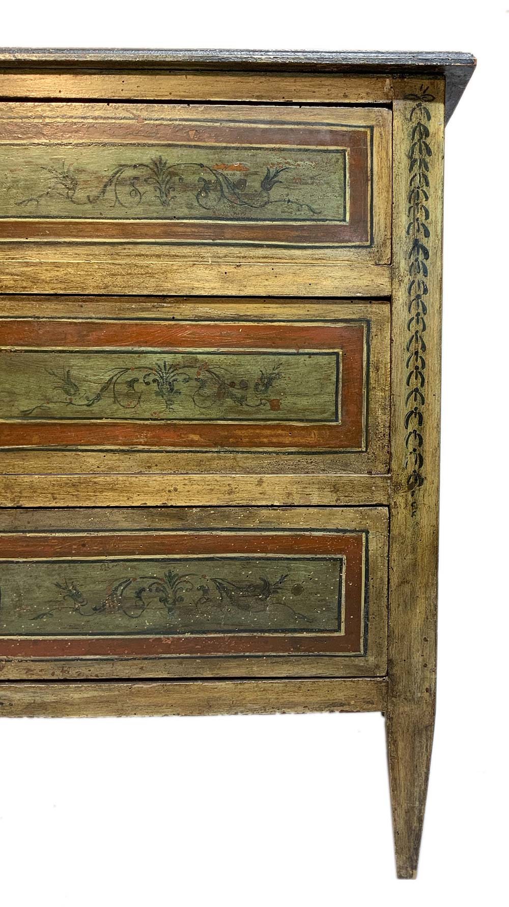 lacquered wooden chest of drawers, early nineteenth century Sicily. In the green and shades of - Image 6 of 8