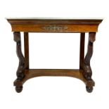 Walnut Console, early nineteenth century. Dolphin shaped, marble top with brass application. H cm