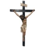 Christ crucified in papier-m&acirc;ch&eacute;, 19th century. Wooden cross. Cross 75x46, Christ cm