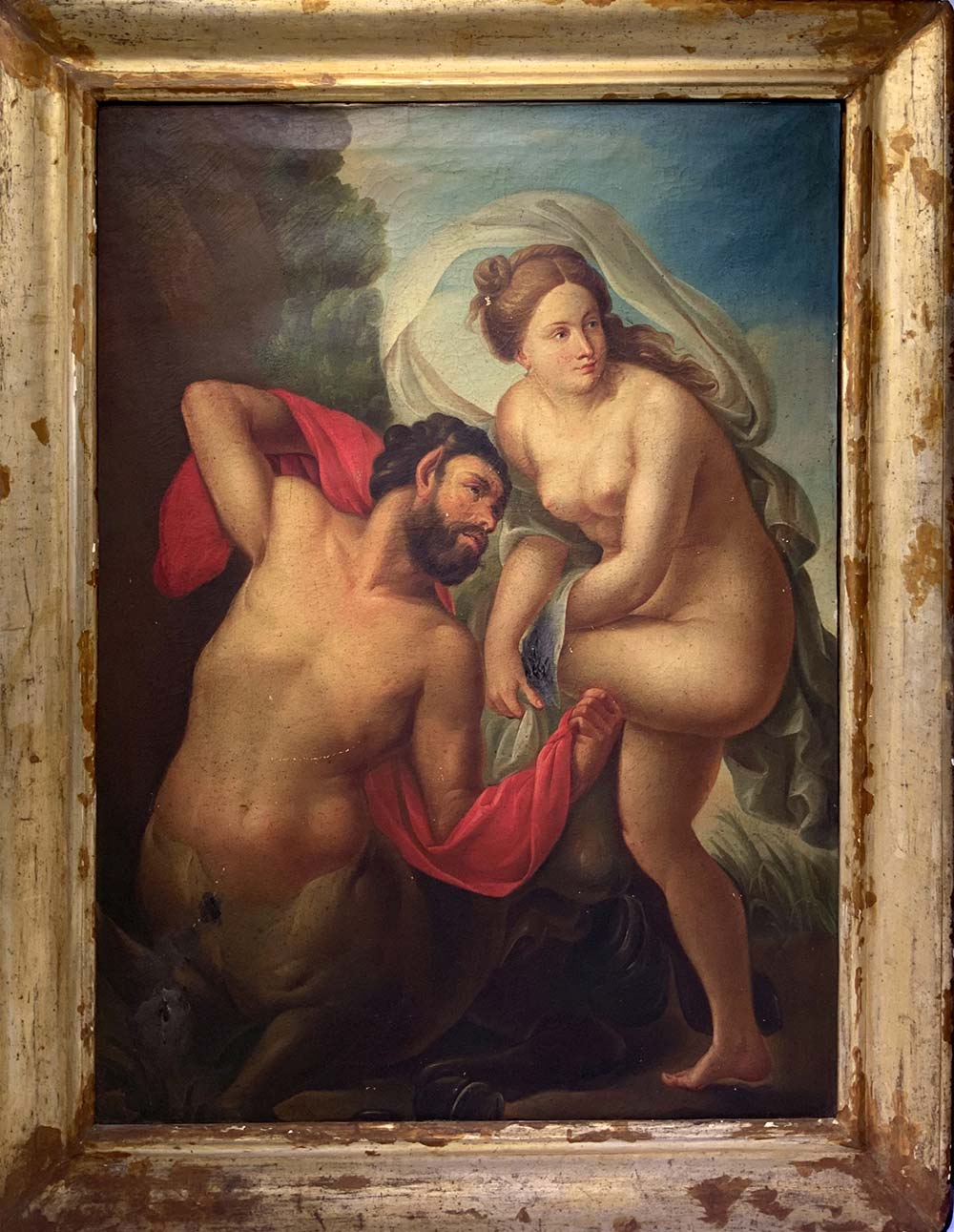 Oil paint on canvas depicting Satyr and Nymph, Emilian painter from the eighteenth century. Cm - Image 2 of 7