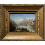 Small oil paint on canvas on board depicting lake landscape. Cm 11x15. A.M.B. Signed and dated 1887