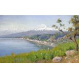 Oil paint on canvas depicting the Etna viewed from Taormina, Mario Mirabella (Palermo 1870-1931).