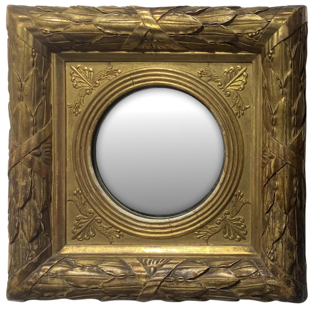 Pair of gilded wooden frames with convex mercury mirror, early 19th century. Cm 40x40. Mirror - Image 2 of 5