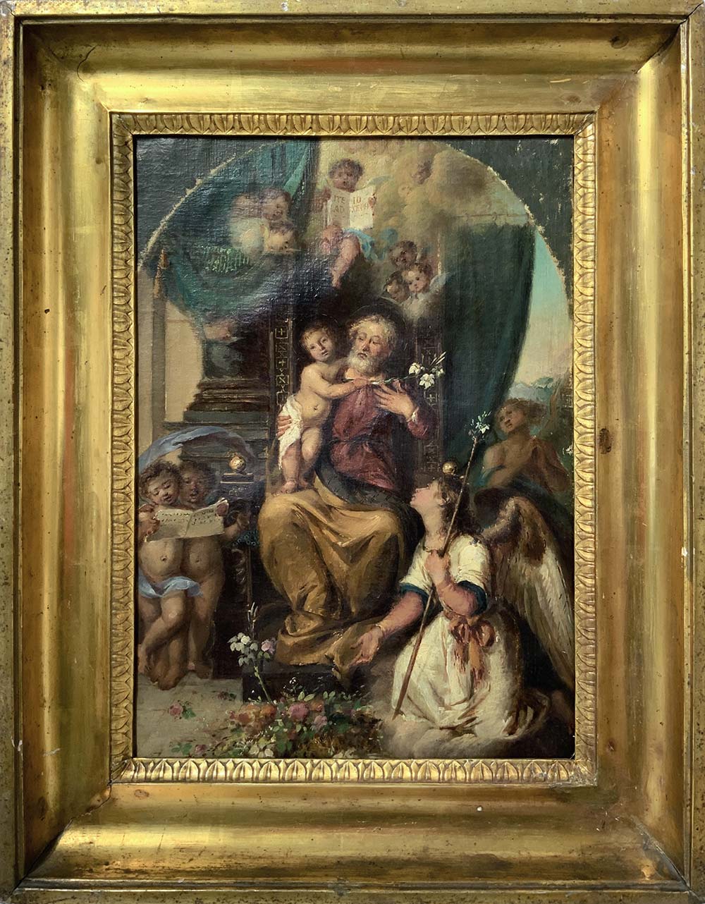 Giuseppe Gandolfo (Catania 1792-Catania 1855), Saint Joseph enthroned, sour rounded by Putts,