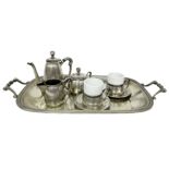 Coffee set tete a tete silver 800. Consisting of: 1 Tray, 1 coffee pot, 1 sugar bowl, 1 milk jug, 2