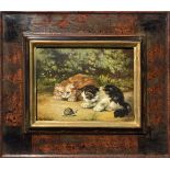 Oil Paint on copper depicting two kittens and snail, Ida Calzolari (1936). 15x20 cm, framed 30x35