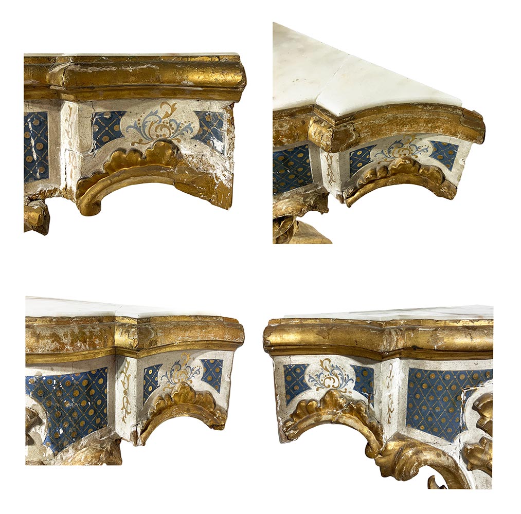 Pair of lacquered and gilded wood console, late XVIII/early 19th century, Sicily. White marble on - Image 4 of 8