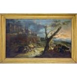 Oil painti on canvas depicting landscape with rock figures and herds, Italian painter from the