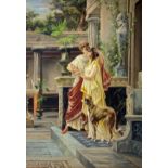 Oil paint on canvas depicting young lovers with greyhound in pompeian robes, nineteenth century.