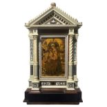 Small wooden "Ancona", ivory and nacre. Alessandro Monteneri (Perugia 1832-1920). Inside there is a