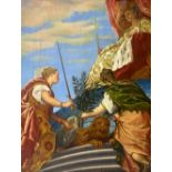 Oil paint on canvas depicting allegorical scene of the cardinal virtues. Signed in the lower