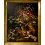 Oil paint on canvas depicting the triumph of flowers with fruit, game and putti playing, attribuite
