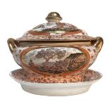 Chinese porcelain tureen with platter and landscapes decoration with medallion on the front and