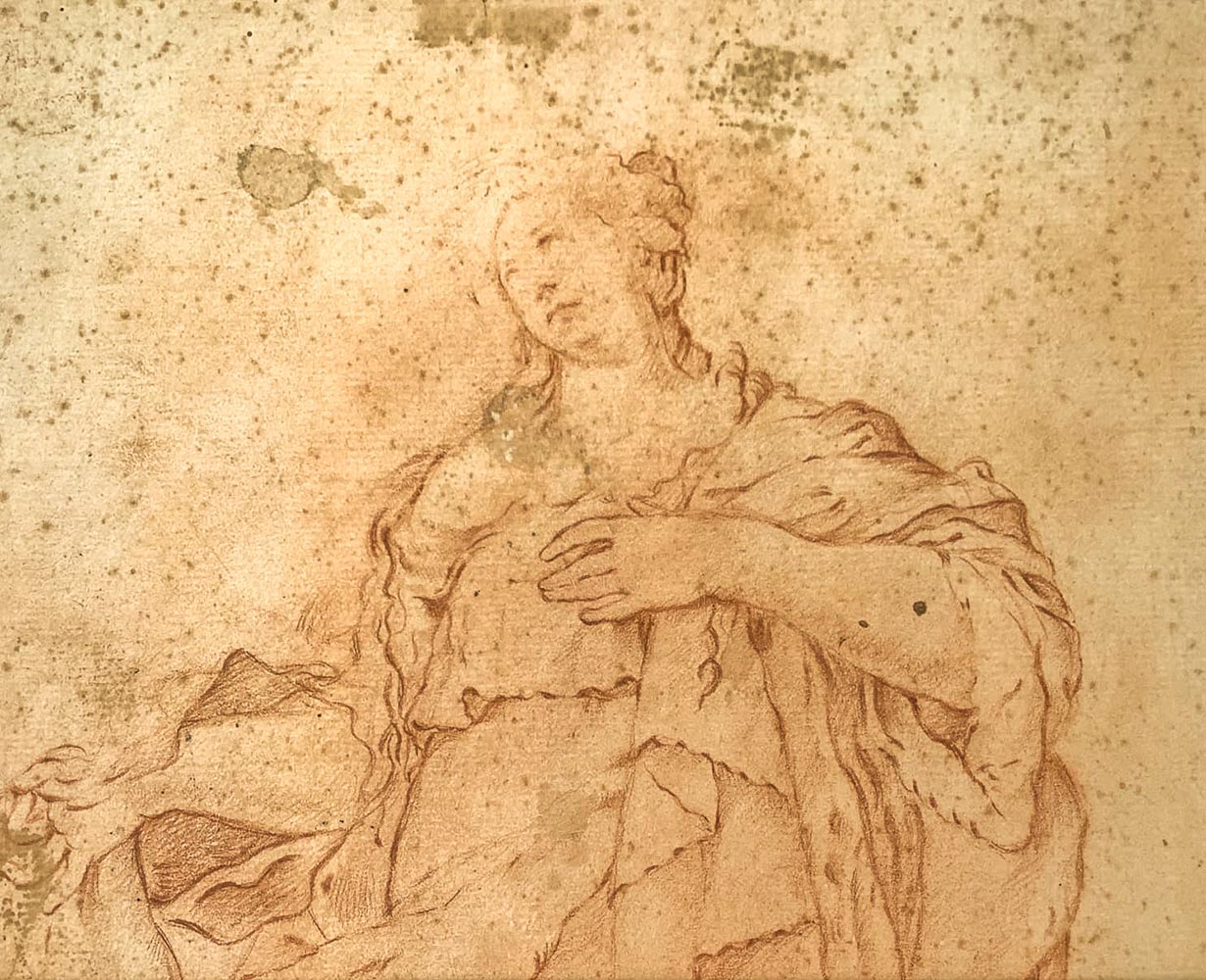 Design allegedly by Luca Giordano (Naples 1634-1705) depicting woman with cape. Red chalk on paper. - Image 2 of 5
