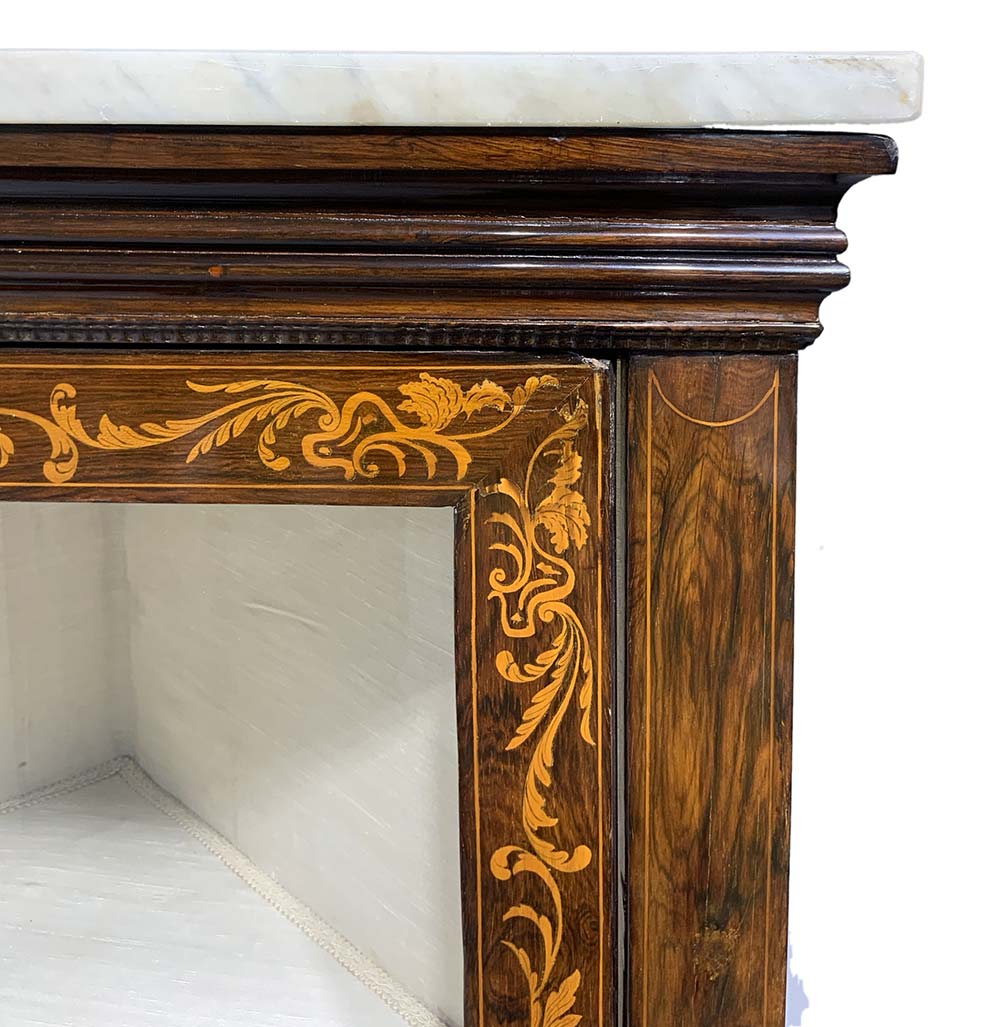 Pair of corner cupboards in rosewood with marquetry and Perfili light wood, white marble floor, the - Image 5 of 9