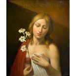 Oil paint on panel depicting St. Agatha with narcissus. Cm 33x26. Signed and dated '97 on the lower