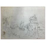 Drawing by anonymous author depicting "marina" with castle (S.Giovanni Licuti, Ognina, Catania,