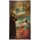 Oil paint on canvas depicting the Holy Family with Saint Agatha, Francis and Etna Mount in the