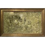 Holy Family with the Infant St. John, late nineteenth century. Golden cast-iron plate in relief, in