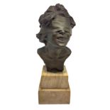 Bronze statue depicting blindfolded girl, marble base. Total H cm 24 ,base cm 7.