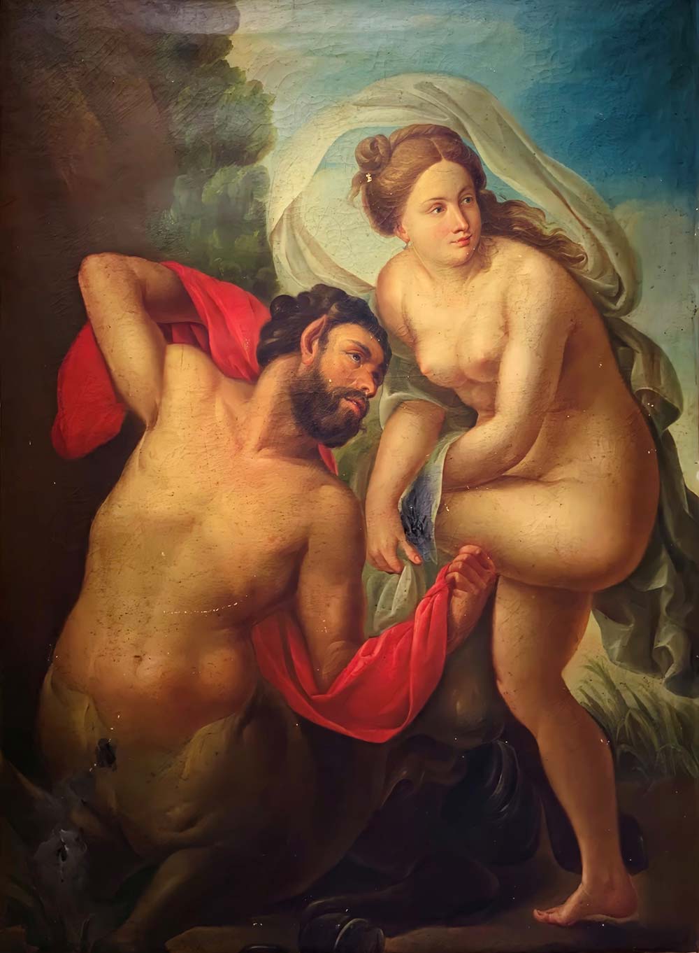 Oil paint on canvas depicting Satyr and Nymph, Emilian painter from the eighteenth century. Cm