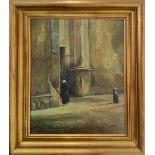 Oil paint on panel depicting woman going to church. Cm 40x30. Signed S. Torrisi and dated '47 at