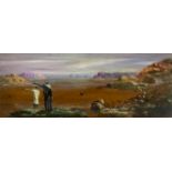 Oil paint on panel depicting landscape with characters, V. Ribaudo (Palermo 1937). 102x39 cm.