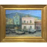 Oil paint on panel depicting boats in Acitrezza, XX century. Cm 40x50. Signed M. Torrisi Gaia, on