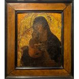 Tempera icon in golden spruce wood depicting the Madonna with child, fragment, Veneto-Cretan