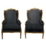 Pair of bergère armchairs in golden wood, XX century. Reconditioned with anthracite gray fabric.