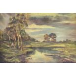 Oil paint on canvas depicting river landscape with characters. Cm 54x84 Signed on the lower right