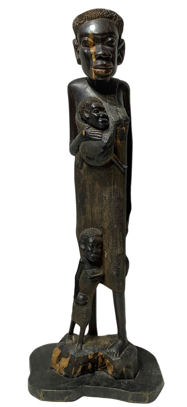 Wooden sculpture Africa, woman with two children. H 103 cm, base 38 Cm.