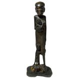 Wooden sculpture Africa, woman with two children. H 103 cm, base 38 Cm.