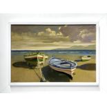 Oil paint on canvas depicting boats on the beach, Saro Tricomi (Catania, 1937). Cm 35x50, oil on