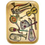 Plastic tray with decal depicting musical instruments polychrome, Italian production in the style