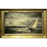 Oil paint on canvas depicting boats at sea, nineteenth century. Cm 45x77.