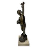 Bronze brown patinated depicting boy with fish, signed De Martino. H 47 cm, with marble base H cm 3,