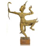 Origin Burma. Ancient statue in gilded bronze. Archer who throws the arrow. H Cm 77, wooden Base H