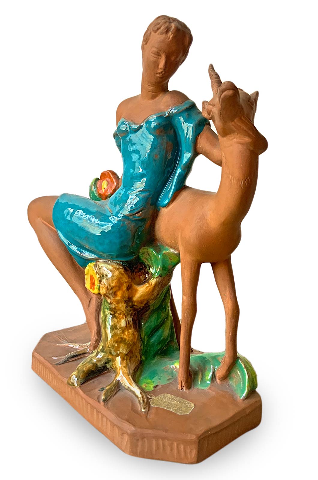 Zaccagnini, terracotta statue of Diana and deer, decorated in polychrome. Small failures. Years 40. - Image 2 of 6
