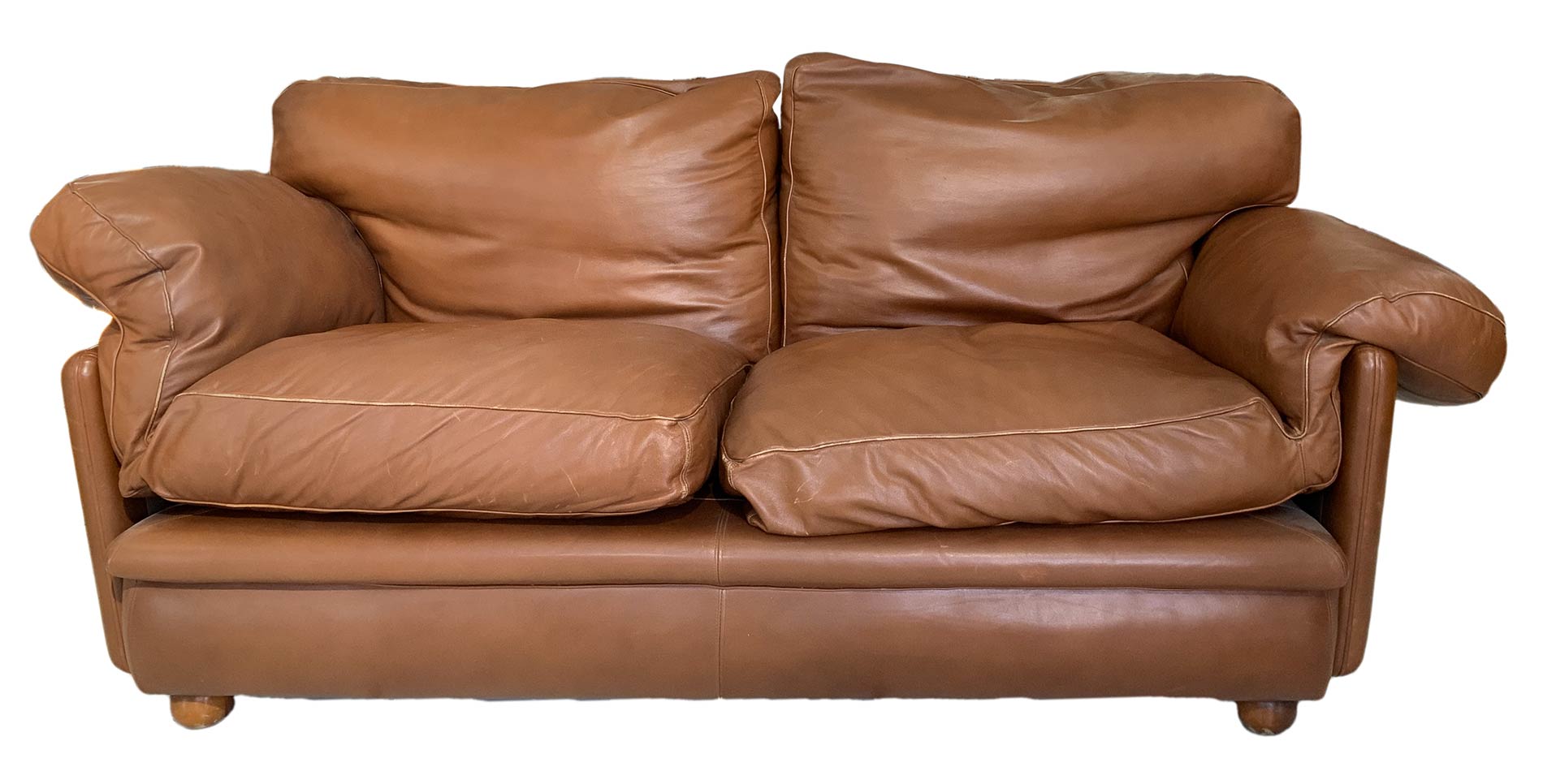 2 seater sofa model Poppy 60s -70s. Tito Agnoli for frau chair. Leather sofa cognac color padded - Image 2 of 8