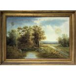 Oil paint on canvas depicting river landscape with characters. Cm 52x79,5. In frame. 64x91