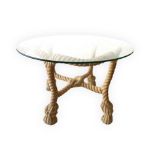 Coffee table, Italian production. Wood worked Torcon glass top. Years 40. 46x63 cm diameter. Wear